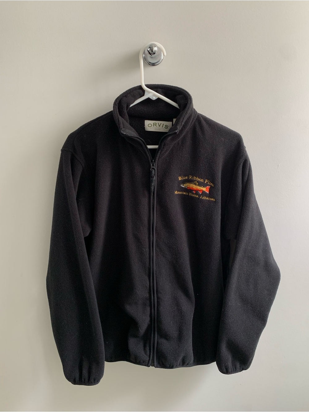 Orvis Black Fleece Full Zip Jacket Blue Ribbon Flies Trout Embroidery Size S